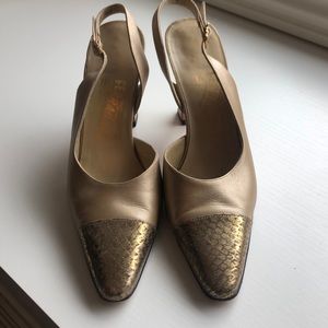 Salvatore Ferragamo Shoes - Ferragamo Gold Leather/Snakeskin Slingback Heels Salvatore Ferragamo Shoes - Ferragamo Gold Leather/Snakeskin Slingback Heels